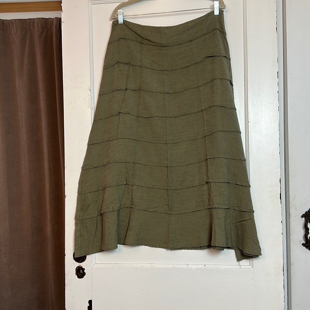 Olive Linen Blend Tiered Midi Skirt | Coastal Resort · Quiet Luxury - Picture 2 of 9